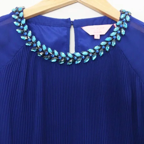 Ted Baker Lovina Jewel Embellished Accordion Pleated Blouse Cobalt Royal Blue 4 - Picture 13 of 16